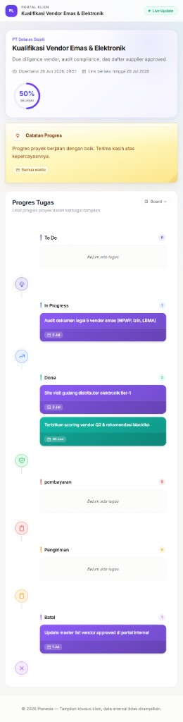 Pratinjau portal progres klien Planesia di mobile