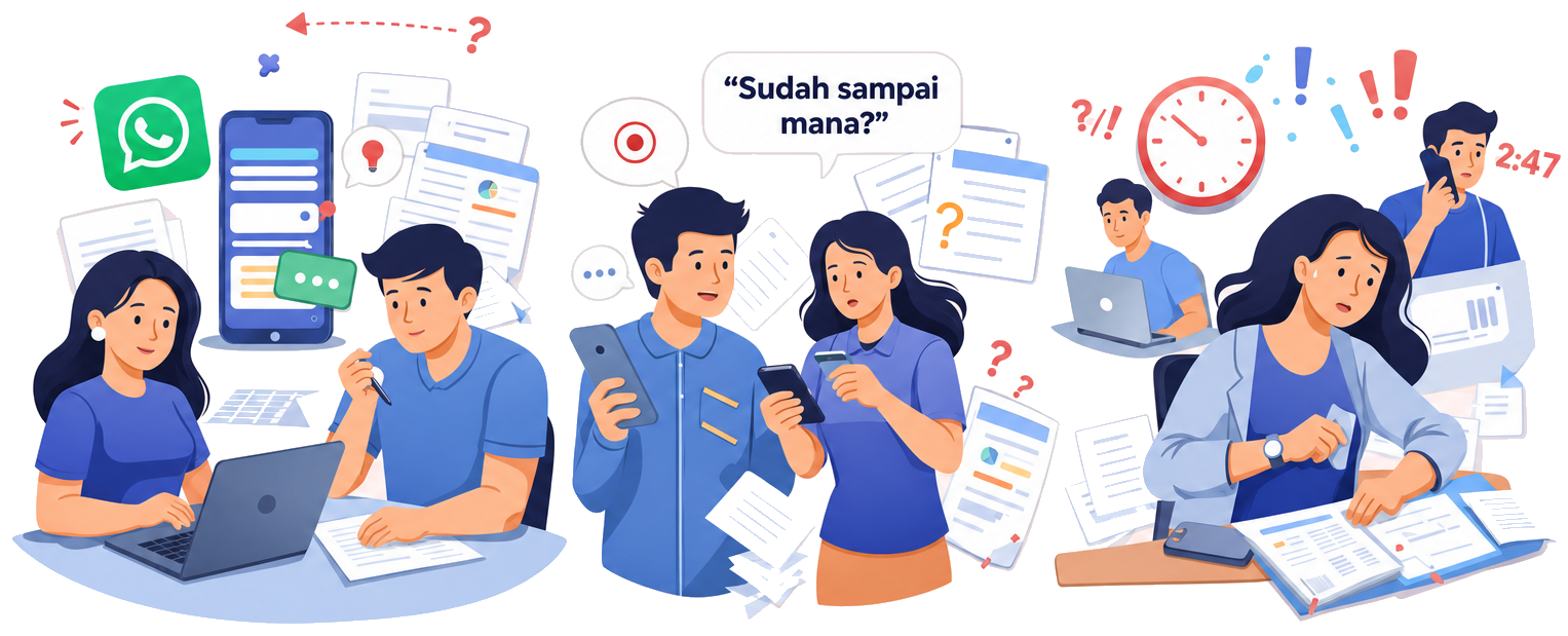 Ilustrasi masalah koordinasi tim yang tersebar di banyak aplikasi